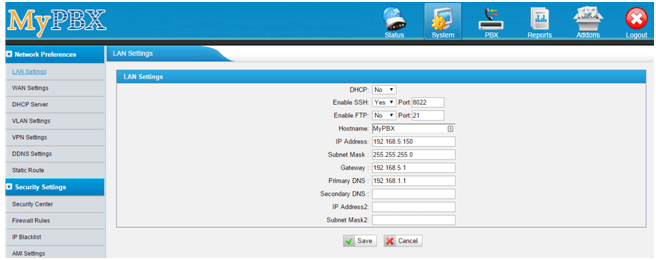 MyPBX LAN Settings