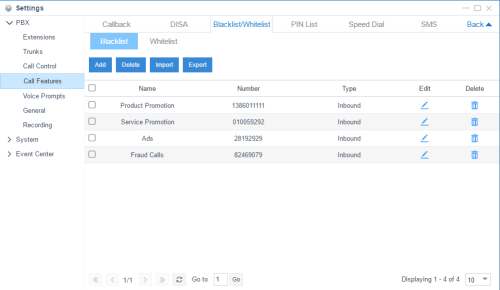 Call Blocklist on Yeastar Cloud PBX and S-Series VoIP PBX Call Blocklist/Allowlist Feature Interface