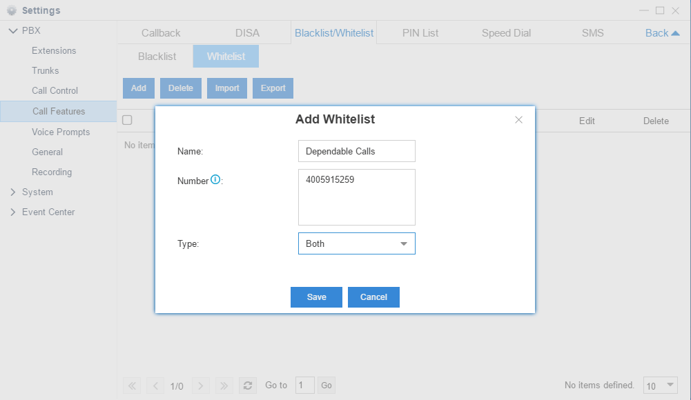 Yesstar PBX call allowlist settings