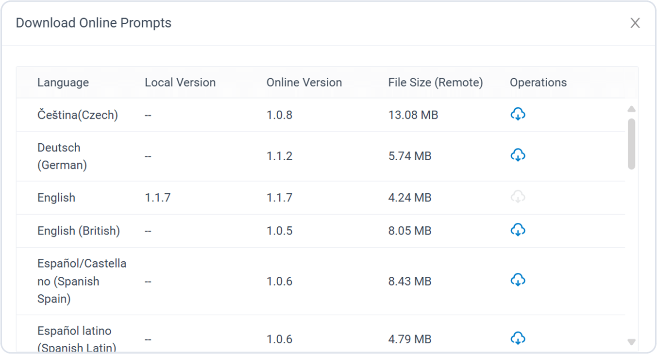 Screenshot for downloading different language system prompts