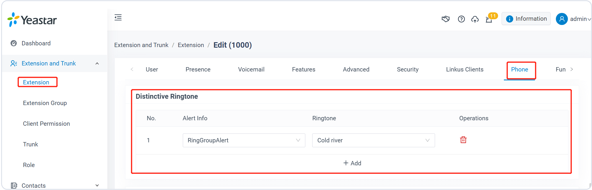 Set up distinctive ringtone for extension user