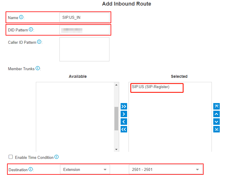 sipus add inbound route