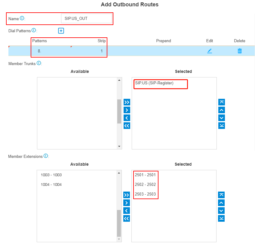 sipus add outbound route