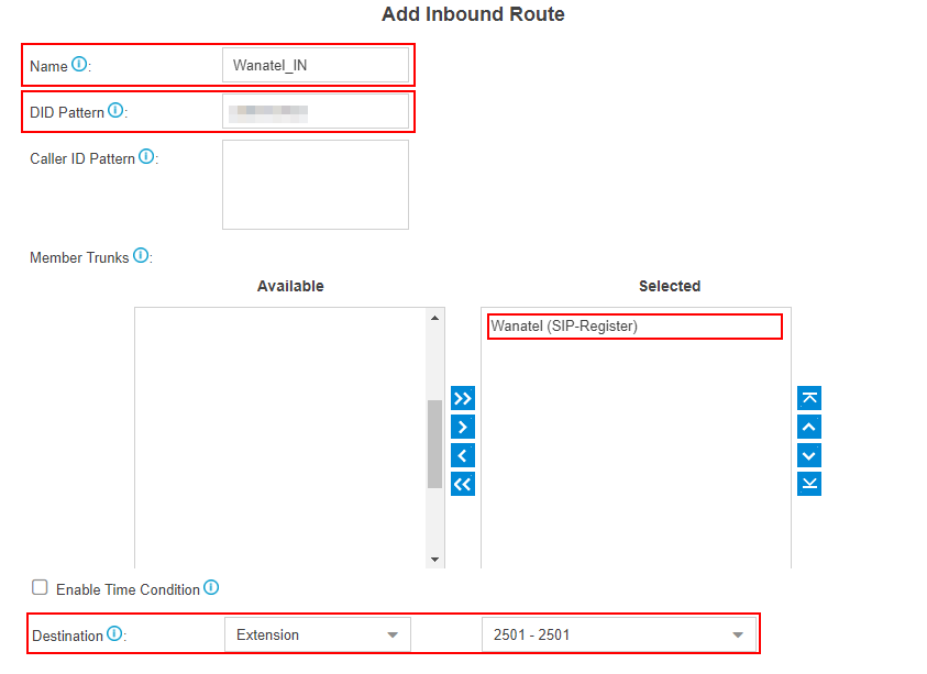 wanatel add inbound route