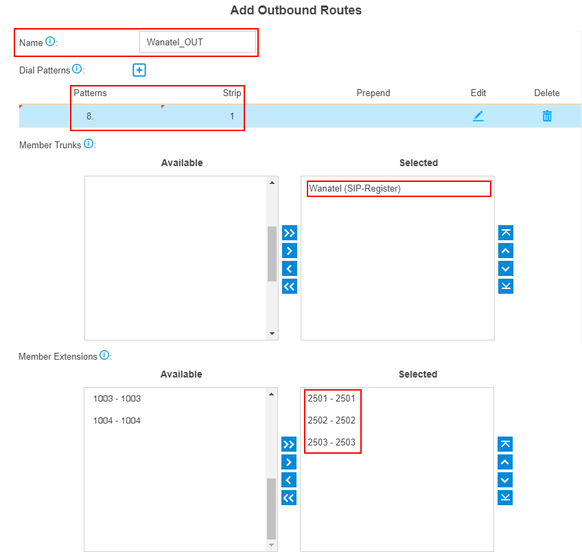 wanatel add outbound route