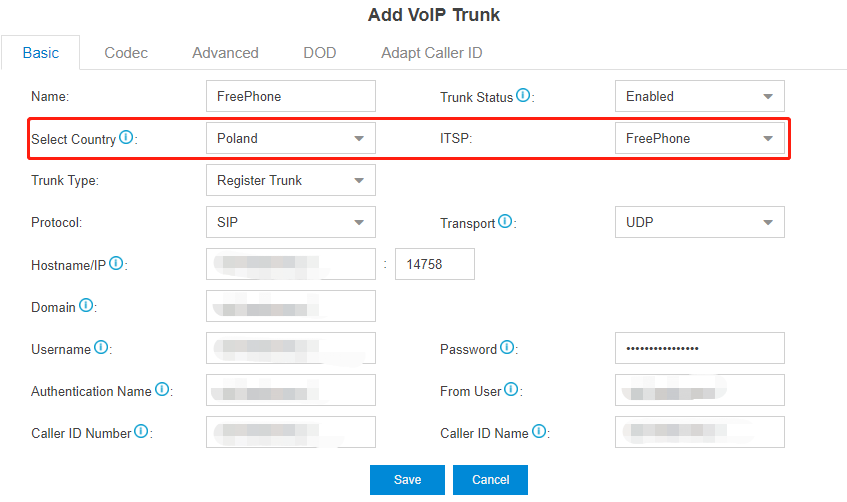 Configure the FreePhone trunk