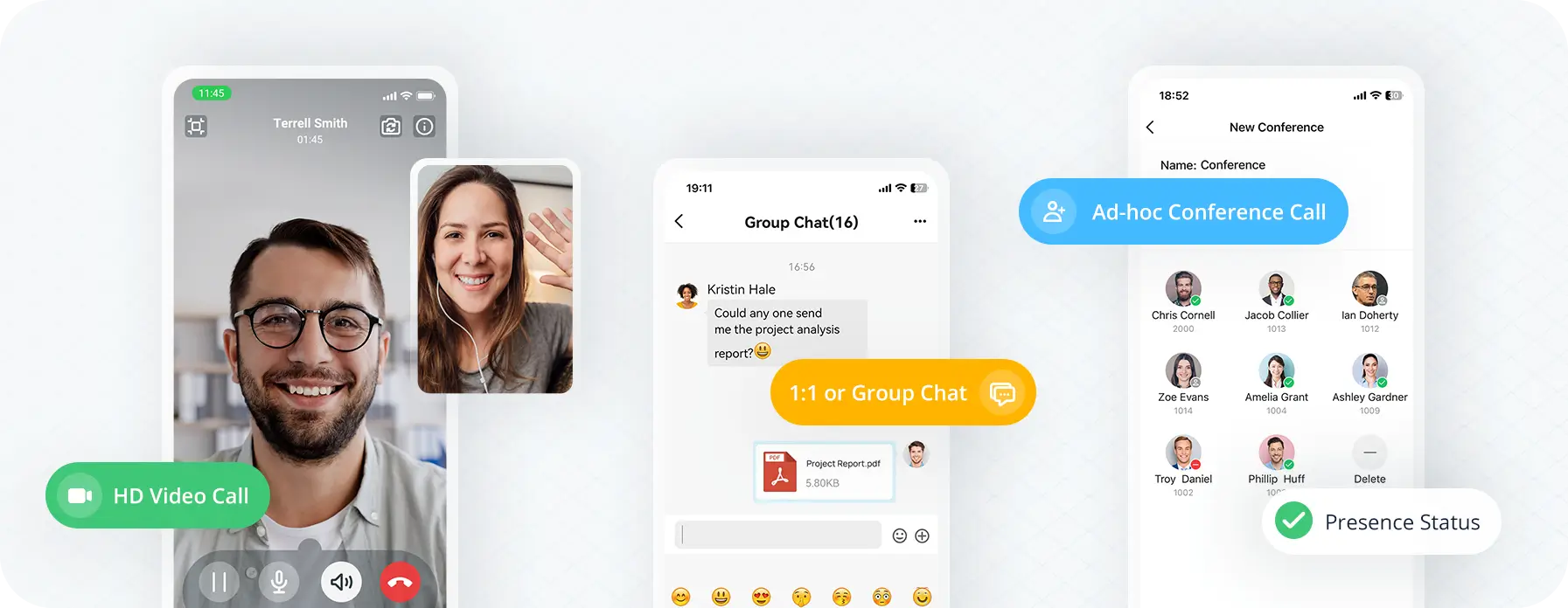 HD Video Calls; 1:1 or Group Chat; Audio Conferencing Supporting Up to 8 Pariticipant; Real-time Extension Presense Status;