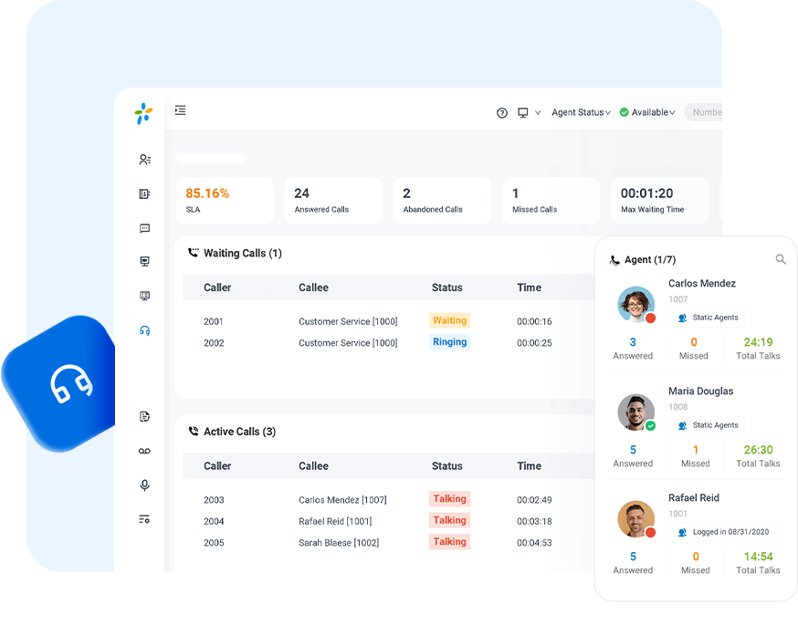 The interfaces of Yeastar virtual call center solution queue panel (Agent Workspace), allowing agents and supervisor to track and handle calls within clicks.