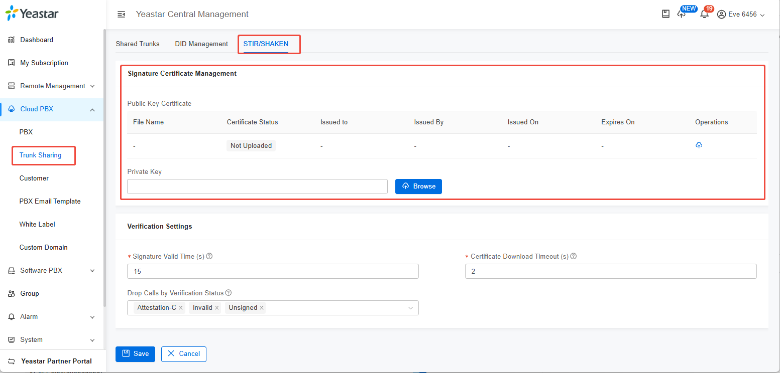 Configure STIR/SHAKEN on YCM